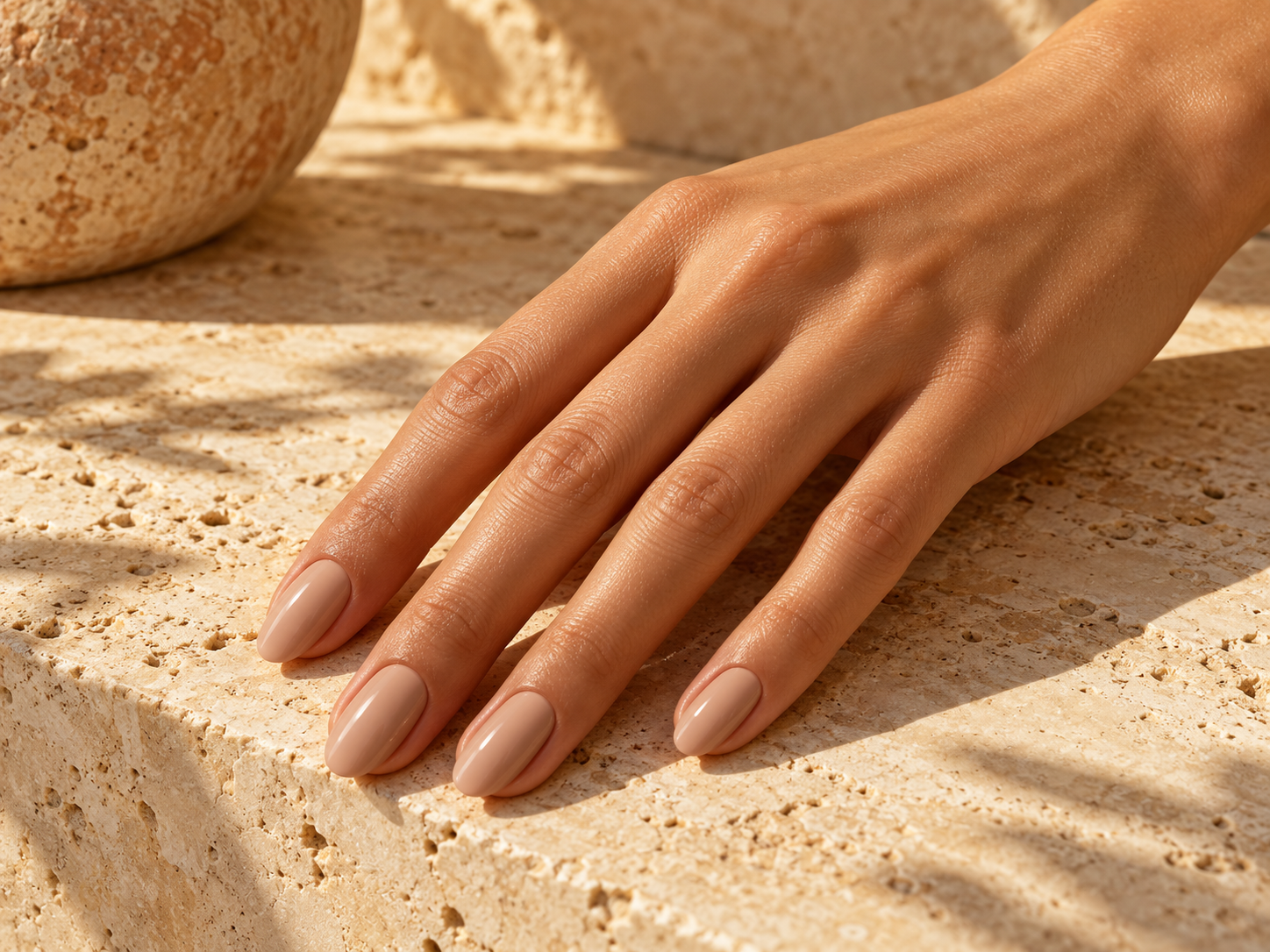 Ambiance : une manucure nude sur une pierre claire