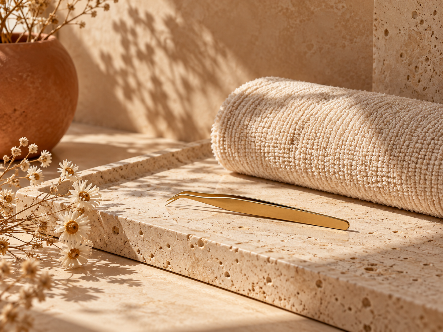Ambiance : serviette beige, pince dorée et fleurs sur une pierre claire